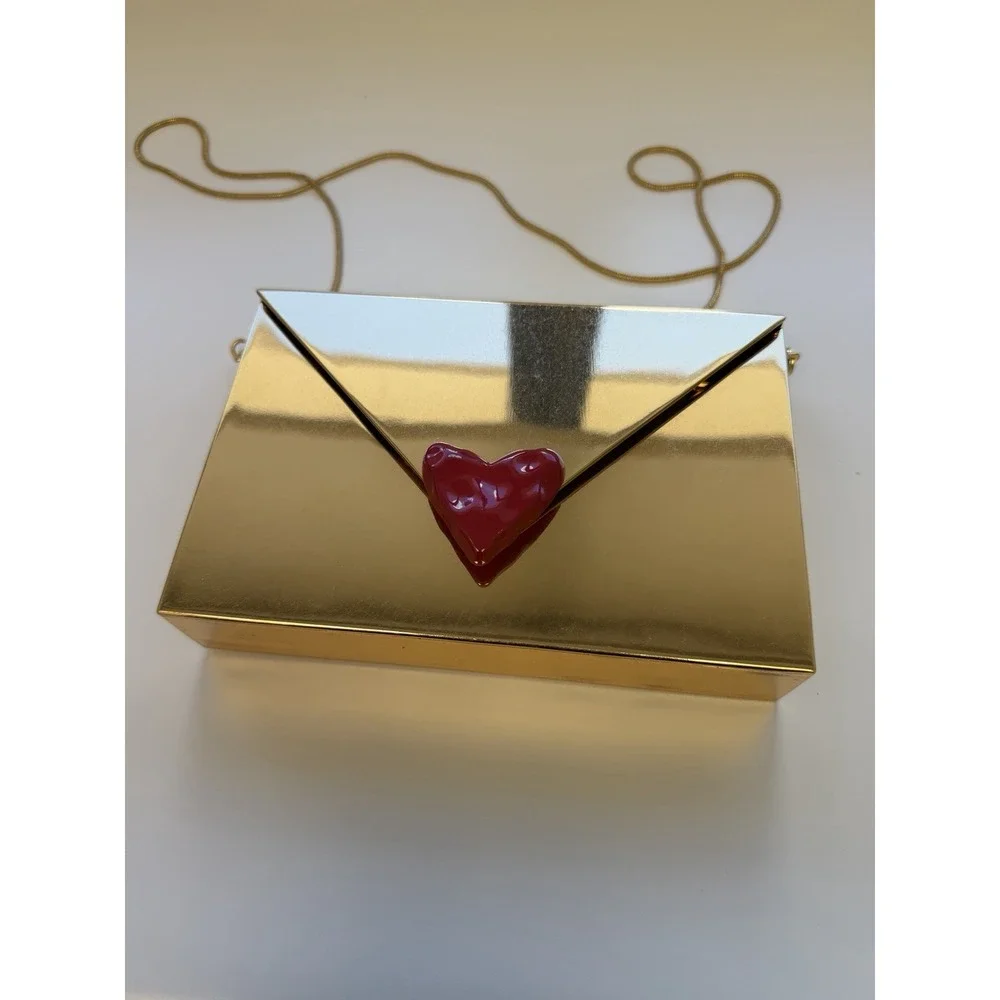 Zara Gold Rigid Clutch Purse Envelope Red Heart Crossbody Luxury Minaudiere